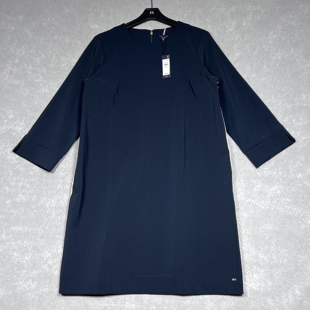 Tommy Hilfiger Shift Dress Women Large Navy Hardware Sleeve Knee Length NWT $98